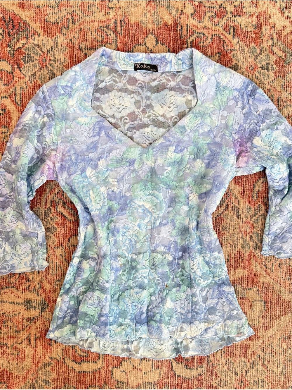 Pastel Floral Lace V-Neck Blouse in Lavender Mix